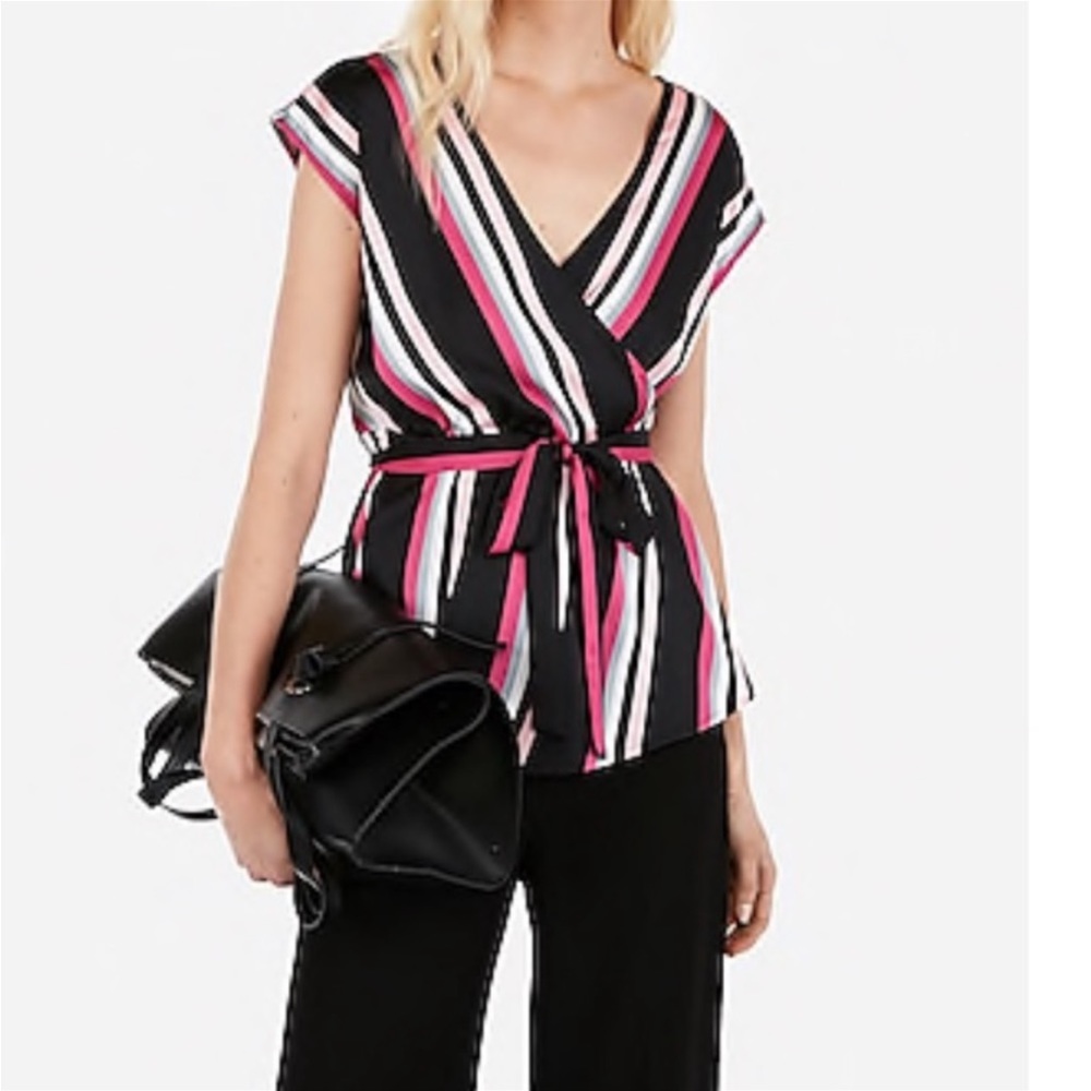 Express Top Womens Black Pink Striped Tie Waist Casual Work Office Summer